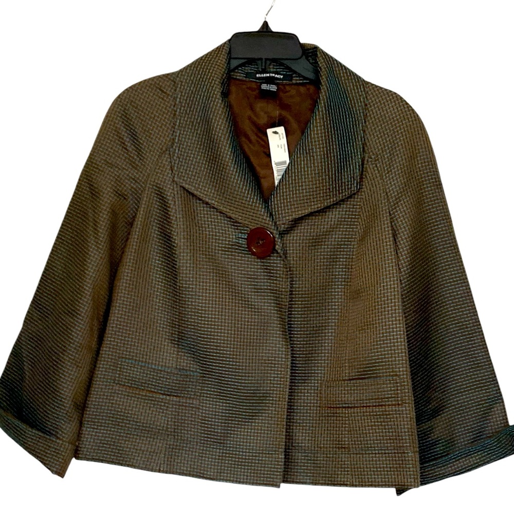 Ellen Tracy one button jacket w/wide collar, brown w/teal, size 12
